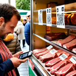 **Image Prompt:** A vibrant French farmers market scene. In the foreground, a close-up of a butcher shop display case featuring various cuts of meat with visible traceability labels linked to QR codes. In the background, happy consumers are interacting with vendors, examining product labels, and using their smartphones to scan QR codes. Focus on conveying transparency and consumer trust in food sourcing.