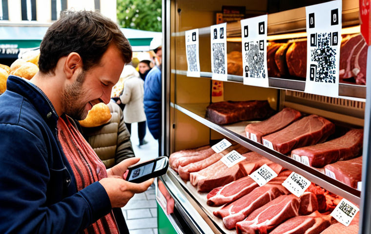 **Image Prompt:** A vibrant French farmers market scene. In the foreground, a close-up of a butcher shop display case featuring various cuts of meat with visible traceability labels linked to QR codes. In the background, happy consumers are interacting with vendors, examining product labels, and using their smartphones to scan QR codes. Focus on conveying transparency and consumer trust in food sourcing.