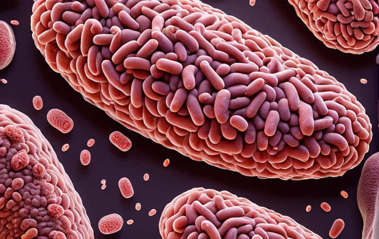 ** Microscopic view of *Salmonella*, *E. coli*, and *Listeria monocytogenes* bacteria, emphasizing the invisible threats in food. Use a dramatic, slightly alarming visual style.
**
