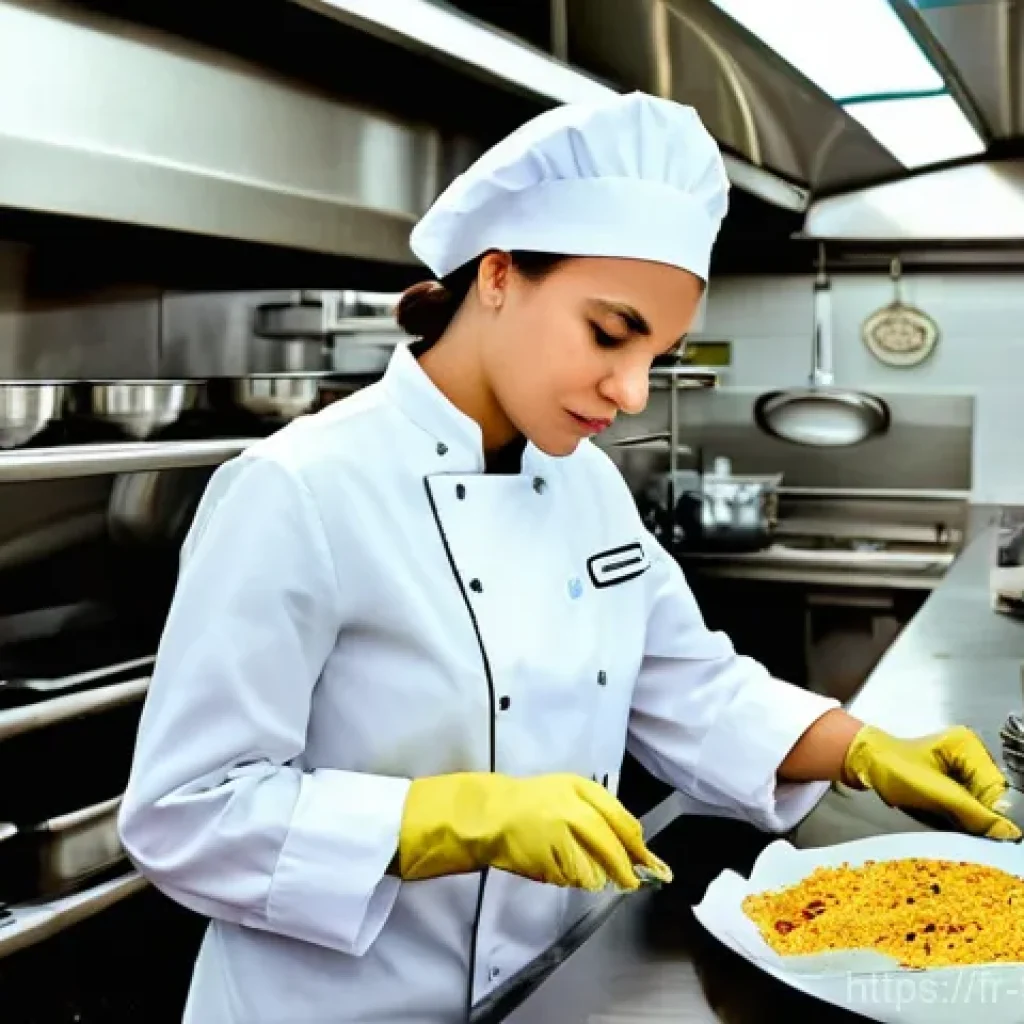 식품위생사 업무와 스트레스 관리 - **Prompt: Dedicated Food Safety Manager in a Parisian Kitchen**
    A professional, well-dressed fem...