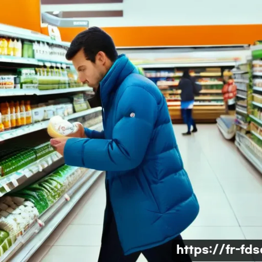 식품위생사 관련 법률의 변화 - **A bustling French supermarket aisle, midday.** Focus on the "yaourt" and "desserts" section. A div...