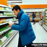 식품위생사 관련 법률의 변화 - **A bustling French supermarket aisle, midday.** Focus on the "yaourt" and "desserts" section. A div...