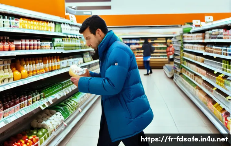 식품위생사 관련 법률의 변화 - **A bustling French supermarket aisle, midday.** Focus on the "yaourt" and "desserts" section. A div...