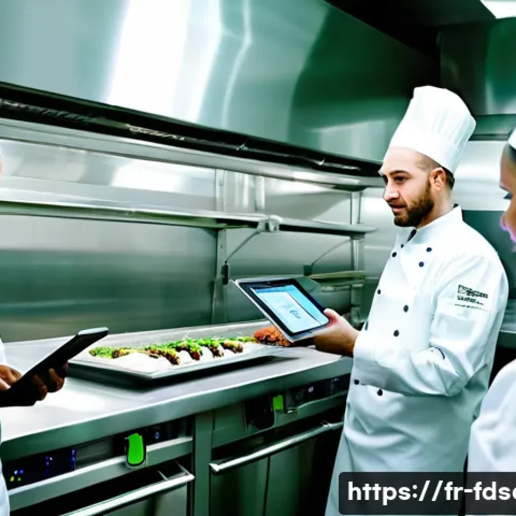 식품위생사 실무 팁 - **Prompt:** A clean, brightly lit professional kitchen scene. In the foreground, a diverse team of c...