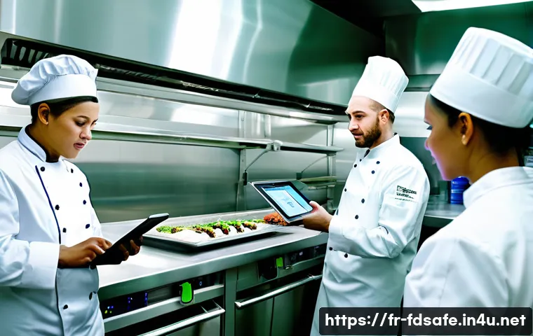 식품위생사 실무 팁 - **Prompt:** A clean, brightly lit professional kitchen scene. In the foreground, a diverse team of c...