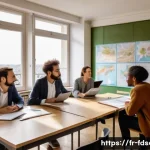 식품위생사 시험 합격률 분석 - A diverse group of French candidates studying together in a bright, modern classroom in Paris, with ...