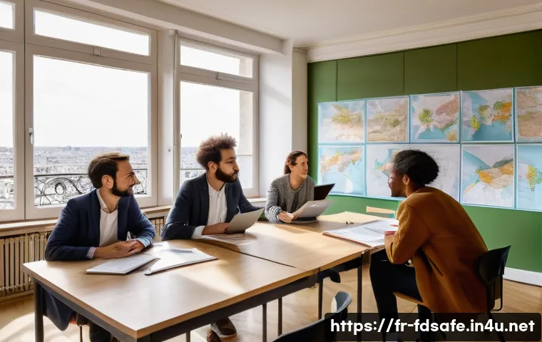 식품위생사 시험 합격률 분석 - A diverse group of French candidates studying together in a bright, modern classroom in Paris, with ...