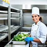 식품위생사 자격증 유지 조건 - A professional French food handler in a modern commercial kitchen, wearing a clean white chef&rsquo;s jack...