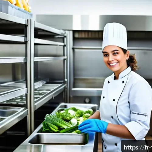 식품위생사 자격증 유지 조건 - A professional French food handler in a modern commercial kitchen, wearing a clean white chef&rsquo;s jack...