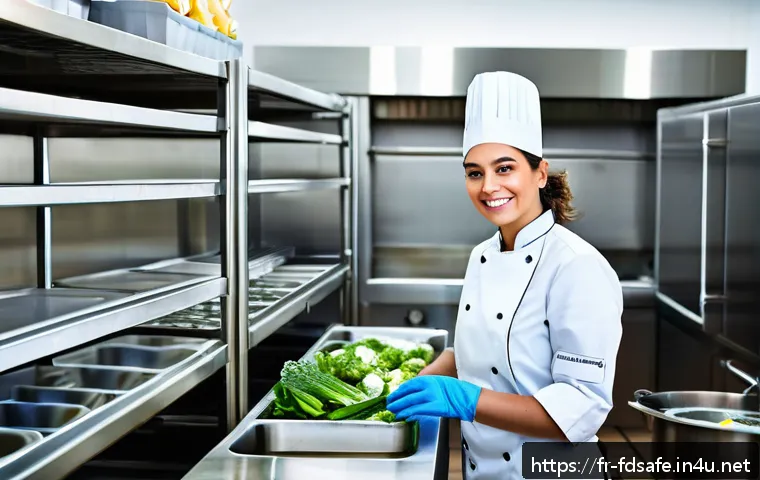 식품위생사 자격증 유지 조건 - A professional French food handler in a modern commercial kitchen, wearing a clean white chef&rsquo;s jack...