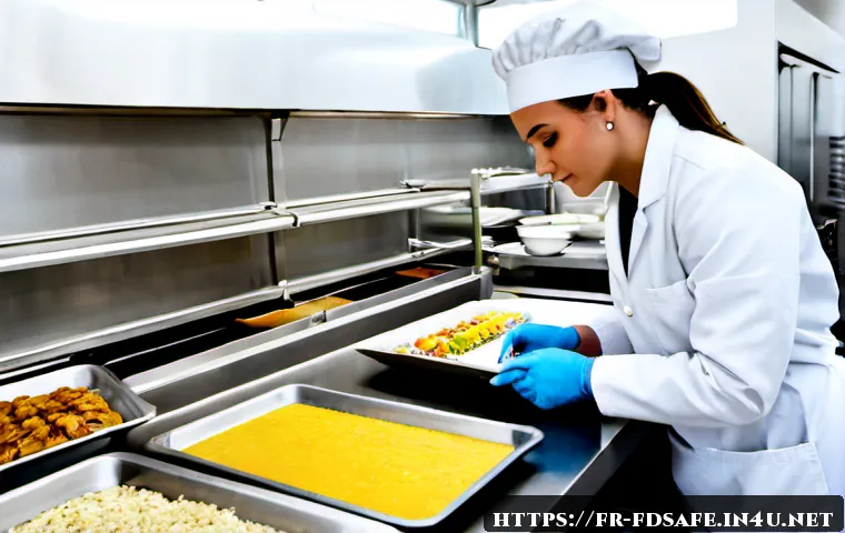 식품위생사와 유사 직업 비교 - Photorealistic French food safety professional in a clean Parisian restaurant kitchen, wearing a whi...